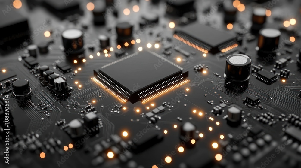 Aufkleber illuminated microchip on a black circuit board