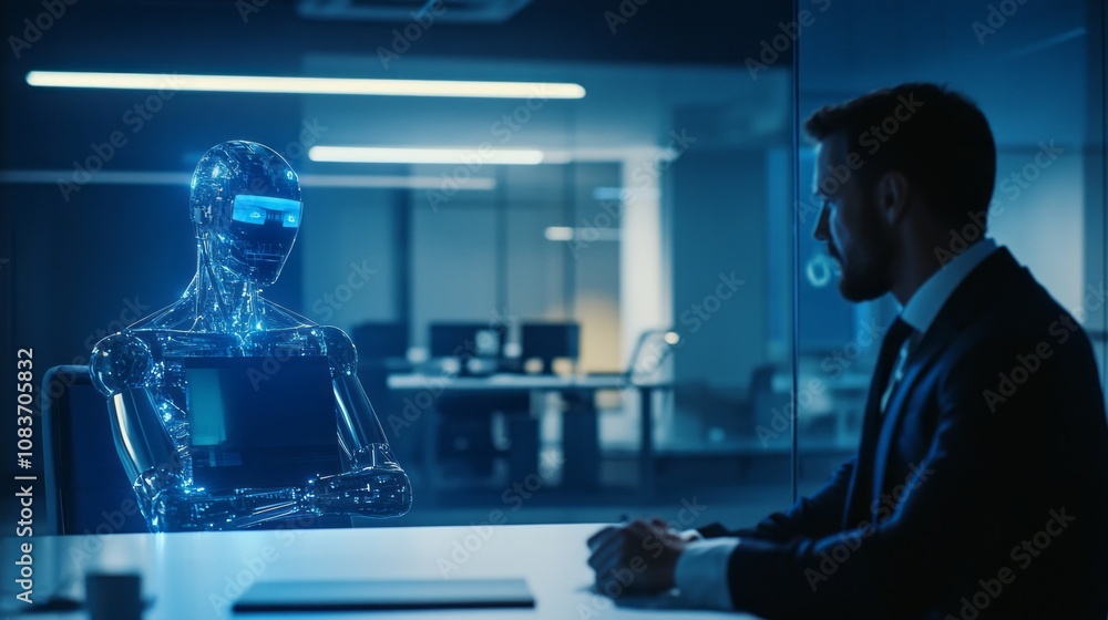 Poster a man sits at a desk with a robot in front of him