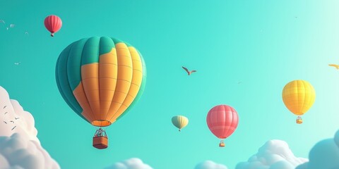 Fototapeta premium Colorful Hot Air Balloons Soaring Through a Blue Sky with Fluffy Clouds