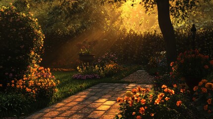 Obraz premium A garden at sunset, where the golden light reflects off the flowers and plants.