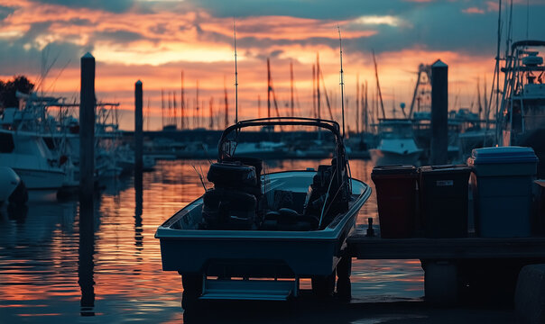 Loading fishing gear into a boat trailer at a marina as dockside reflections shimmer in the fading light
