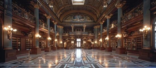 Obraz premium Interior of a grand library with marble floors, wooden shelves, and ornate columns.