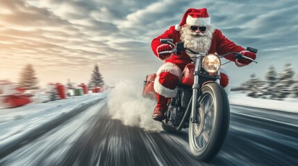 Fototapeta premium Unconventional biker Santa Claus riding a fast motorbike and delivering Christmas gifts