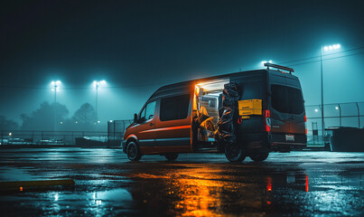 Fototapeta premium Packing sports gear into a cargo van at a stadium lot with wet pavement glowing under arena lights