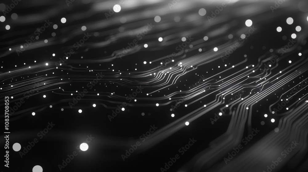 Poster Abstract Circuitry with White Glowing Nodes on a Black Background