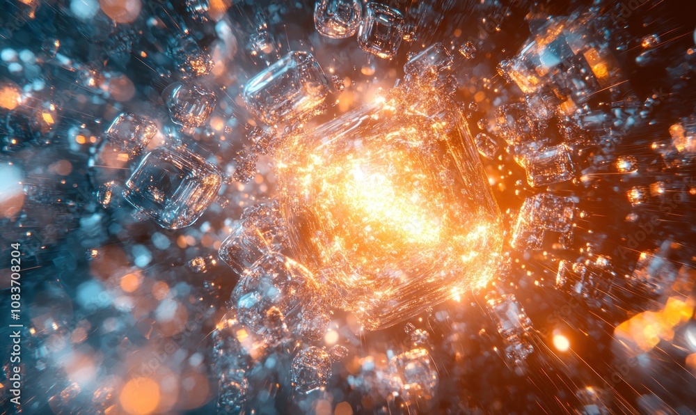 Poster A Glowing Crystal Cube Surrounded by Smaller Cubes in a Black and Orange Abstract Background