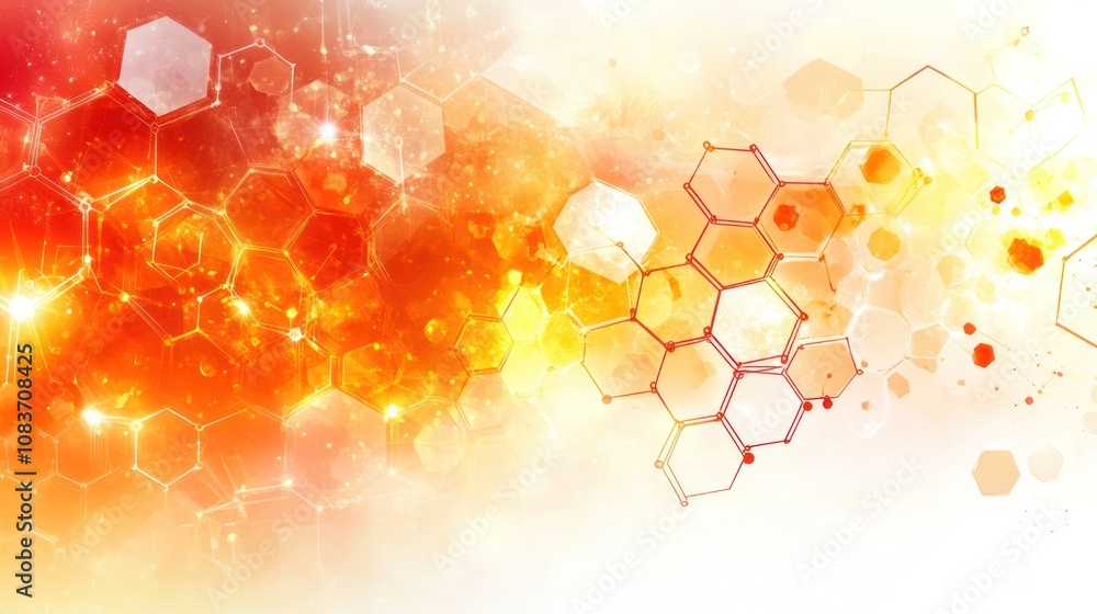 Poster abstract background with red and orange hexagons and glittering lights