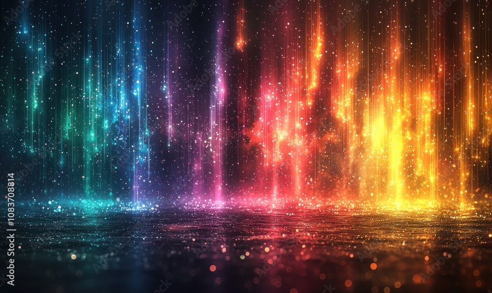 Poster abstract background with shimmering lines and glowing particles