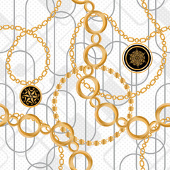 Seamless pattern decorated with precious stones, gold chains and pearls.	