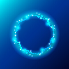 A glowing circular futuristic design on a blue background. The circle features interconnected angular shapes with small bright spots, exuding a techy, sci-fi aesthetic. Vector illustration