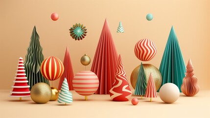 Colorful abstract Christmas trees and ornaments in various patterns on a soft peach background, conveying a festive mood.