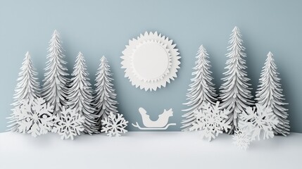 Obraz premium Festive Winter Wonderland Snowy Trees Santa s Sleigh Snowflakes Full Moon Christmas Design