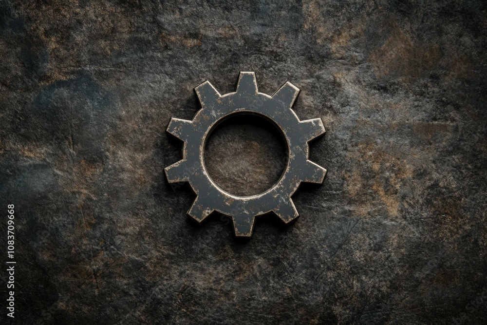 Poster a gear symbol is centered on a rugged, dark background, evoking themes of engineering and mechanical