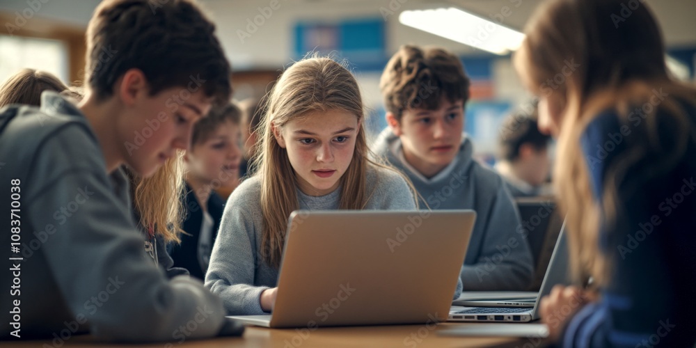 Poster students engaged in learning with laptops in a classroom setting. the focus is on collaboration and 