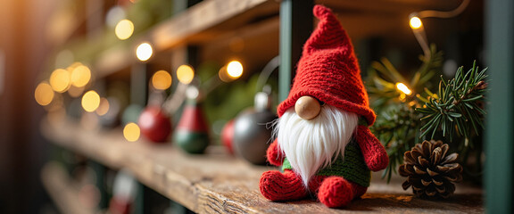 Christmas gnome with festive decorations on wooden shelf