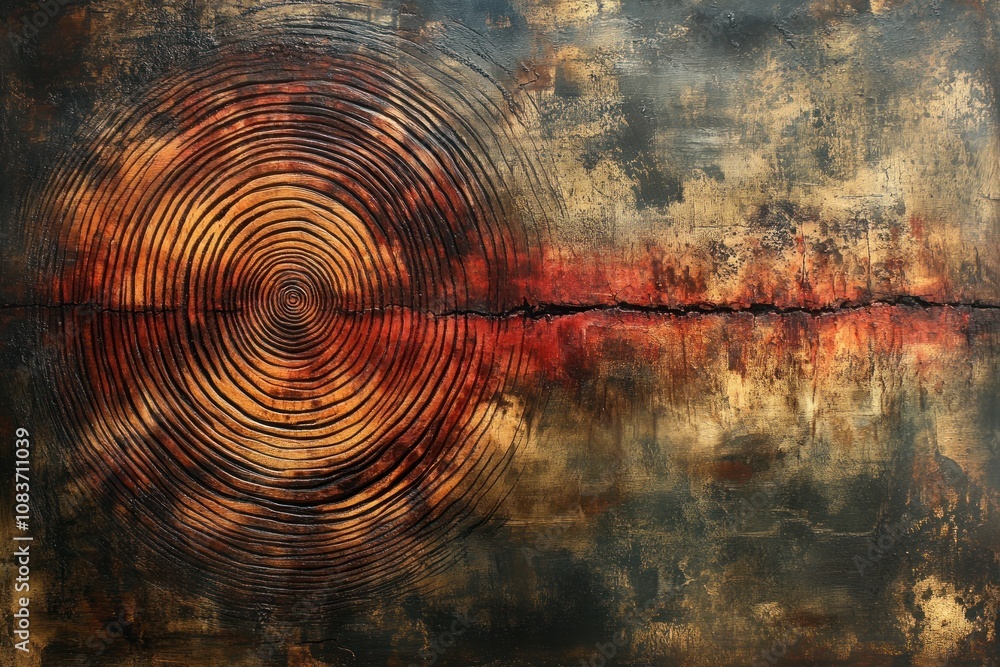 Poster abstract painting with concentric circles and a crack