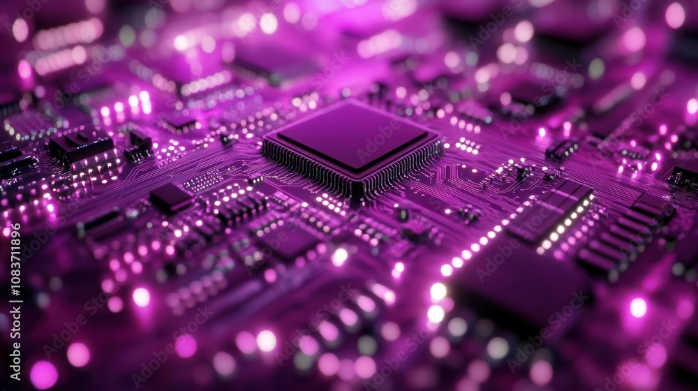 Poster A close-up view of a purple computer circuit board with a processor in focus.