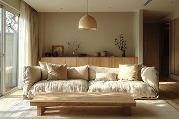 Fototapeta premium Minimalist, pendant lights visible and modern japandi interiors in living rooms with sofas and wood furniture. Generative AI 