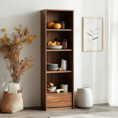 Tall wooden shelving unit with oval-shaped shelves against a natural backdrop in a modern home