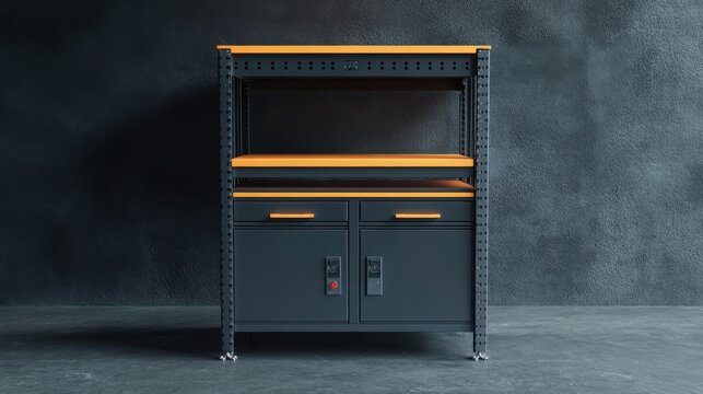 A modern industrial workbench featuring a sleek design with orange accents and metal structure. Ideal for workshops or garages.