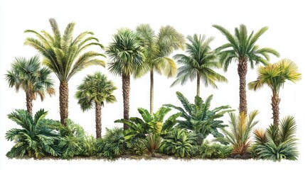 Obraz premium A vibrant illustration showcasing various palm trees and tropical plants in lush green colors, set against a white background. Perfect for nature themes.