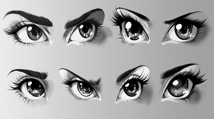 A set of eight cartoon-style eyes, each with a unique expression.
