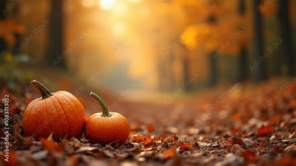 Poster two pumpkins are placed on a leaf-covered path in a forest. the background features vibrant autumn f