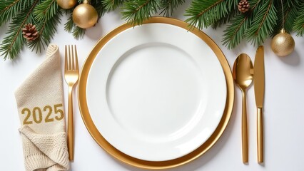 Elegant holiday table setting with gold accents and fresh greenery for New Year 2025 celebration