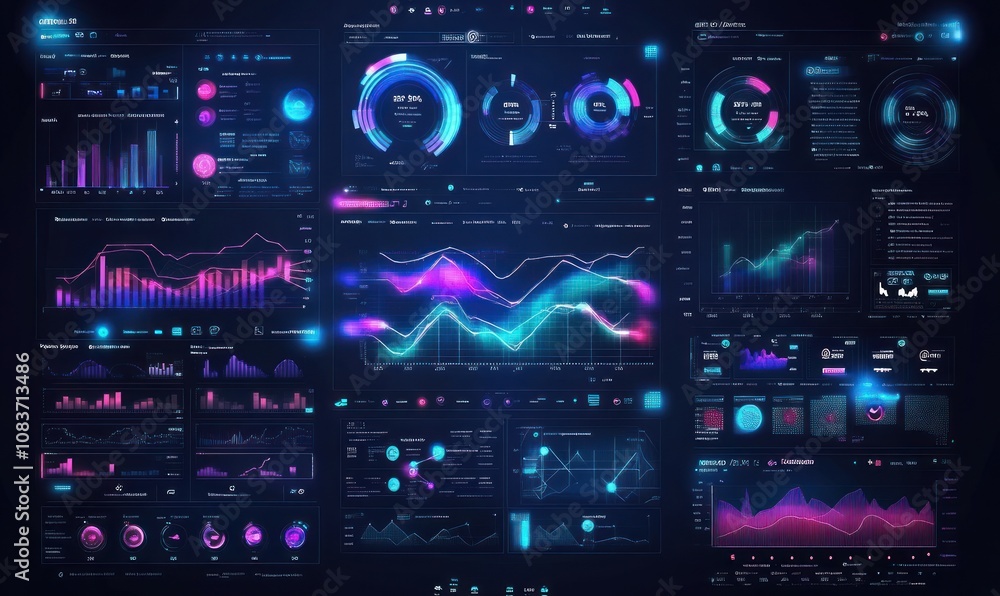 Poster Futuristic Digital Interface Displaying Data and Charts