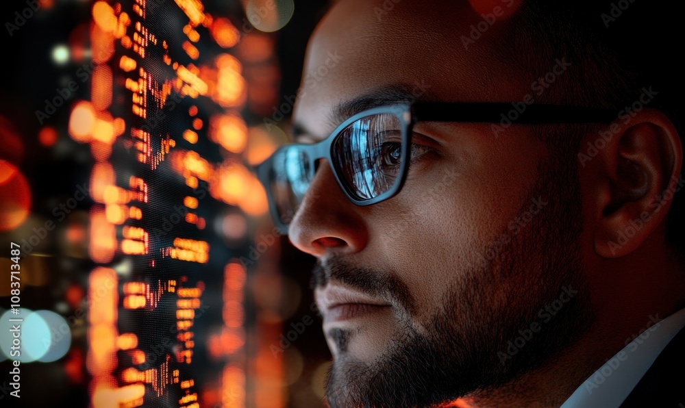 Poster close-up of a man's face with glasses and a blurry digital screen in the background