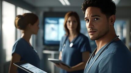 Obraz premium Cheerful handsome surgeon doctor man in blue uniform holding digital tablet computer, looking at camera, smiling, posing for portrait in clinic hall