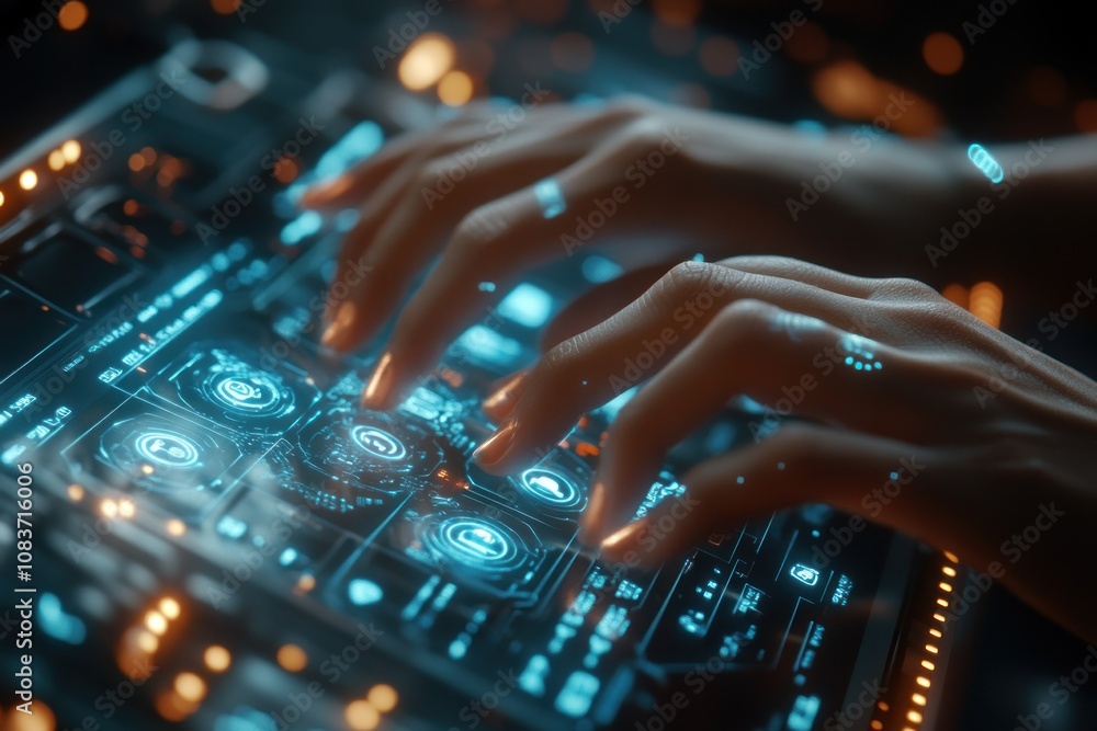 Aufkleber hands interacting with a futuristic digital interface