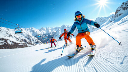 Skiers racing down snowy slopes in vibrant winter gear, snowflakes sparkling under sunlight, with stunning views of snow-covered peaks, capturing the thrill of winter sports.