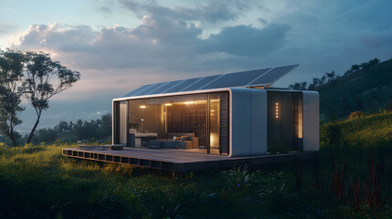 Obraz premium A solar-powered energy storage system that captures solar energy during the day and stores it for use at night, promoting continuous and sustainable power supply.
