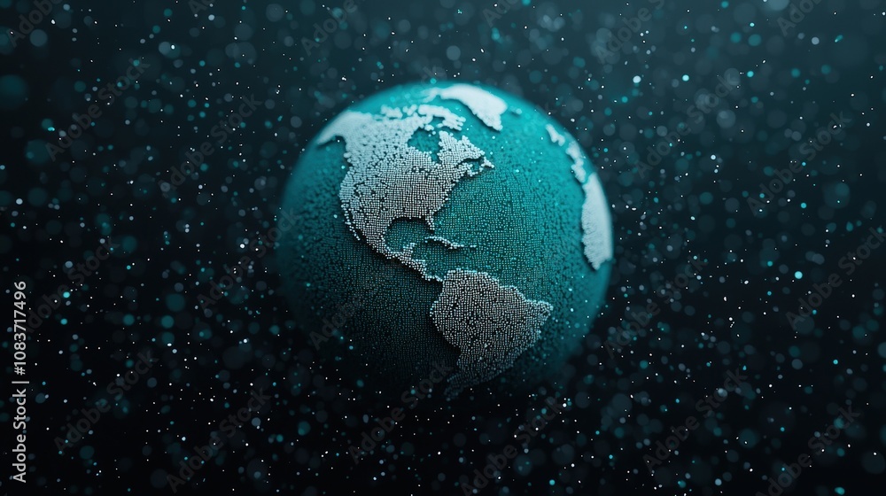 Poster teal globe digital earth particle background 3d render