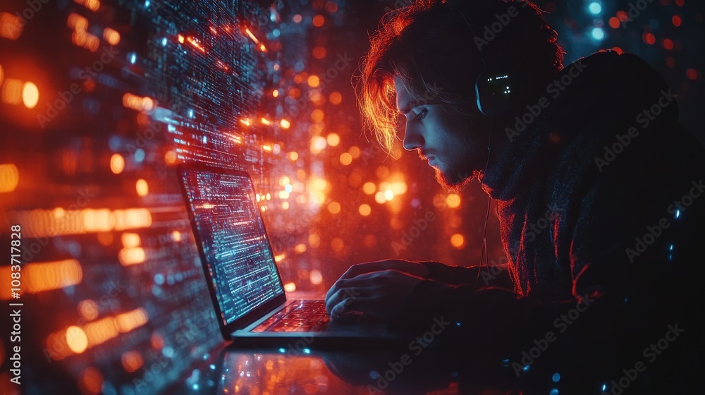 Poster A Hacker Working On a Laptop With a Glowing Screen in a Dark Room