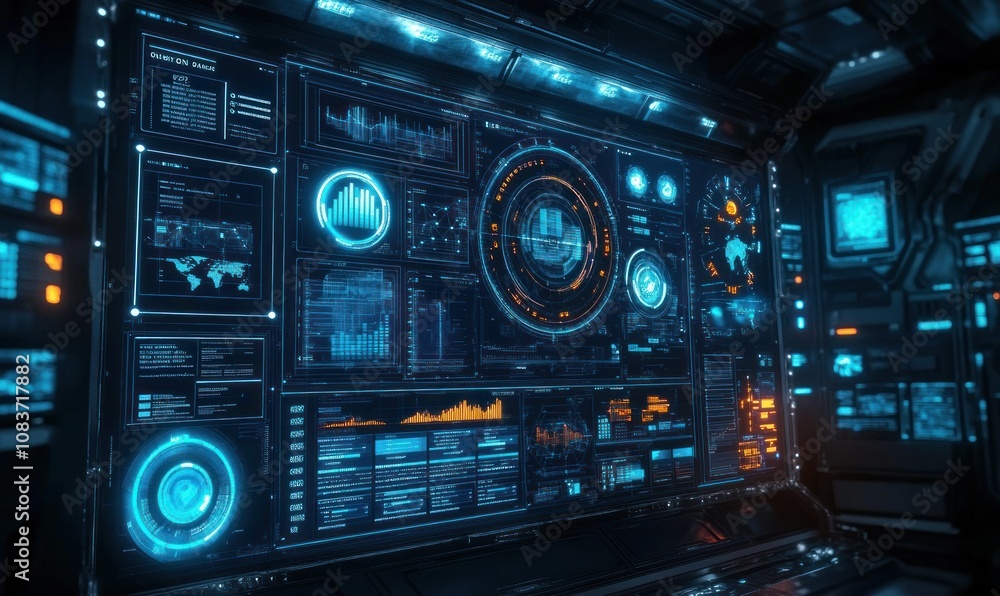 Poster Futuristic Interface with Data Displays and Graphical Representations