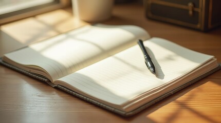 Fototapeta premium A clean and minimal self-reflection journal open on a wooden desk, with a pen placed beside it, focus on the journal page with blank lines ready to be written on