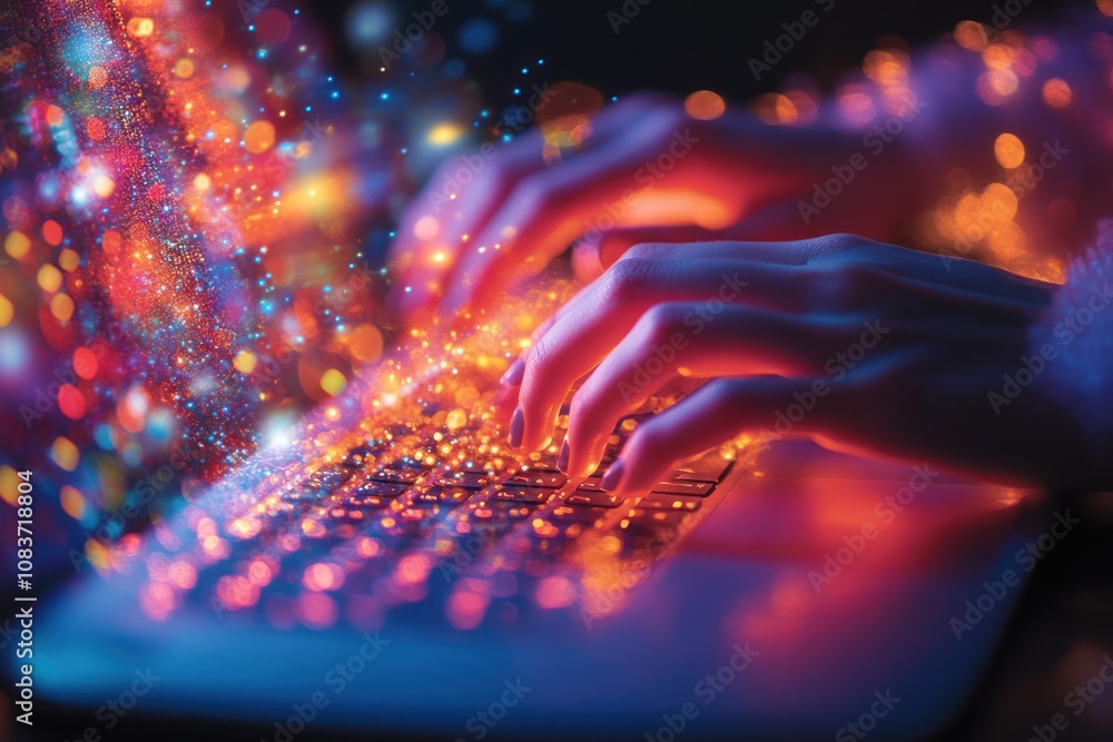 Leinwandbilder hands typing on a laptop keyboard with colorful bokeh lights