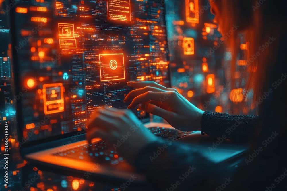 Poster Hacker Typing on Laptop with Digital Interface and Code