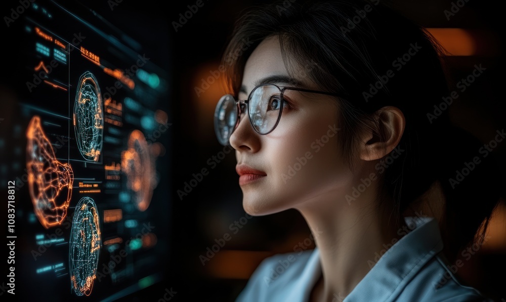 Poster A Woman in Glasses Looks Intently at a Computer Screen Displaying Intricate Data Visualizations