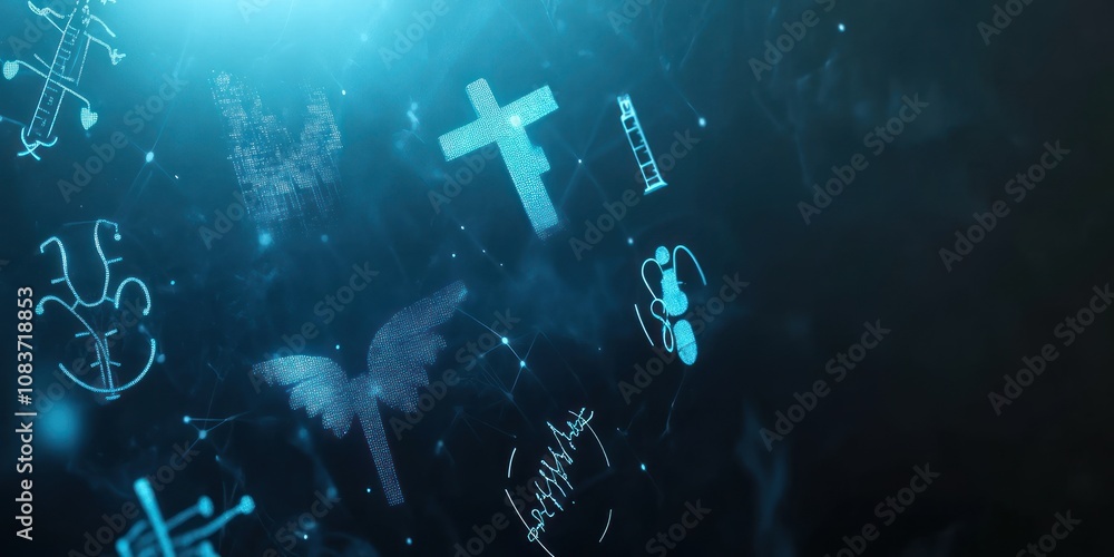 Poster abstract digital art with religious symbols and abstract shapes