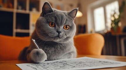 British shorthair cat solving crossword puzzle with pen