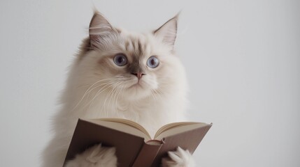 Cute ragdoll cat reading a book on white background