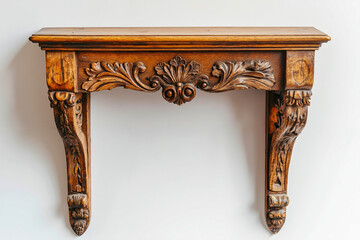 A wooden shelf with carvings on the top of it