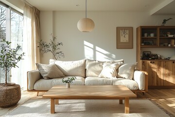 Minimalist, modern japandi interior in living room with sofa and wood table. Generative AI
