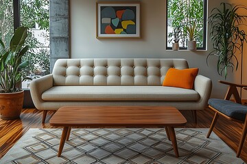 Minimalist, mid century modern interiors in the living room with walls hanging with art frames and sofas and tables. Generative AI
