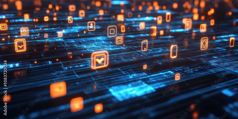 Poster abstract digital interface with glowing orange icons