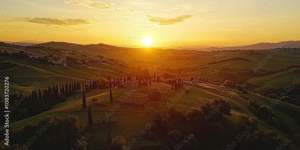 Poster golden sunset over rolling hills and cypress trees in tuscany