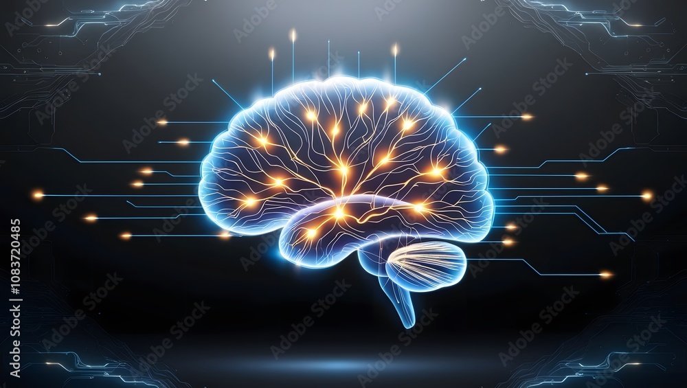 Aufkleber glowing human brain on blue background with circuit lines 3d rendering generated by ai